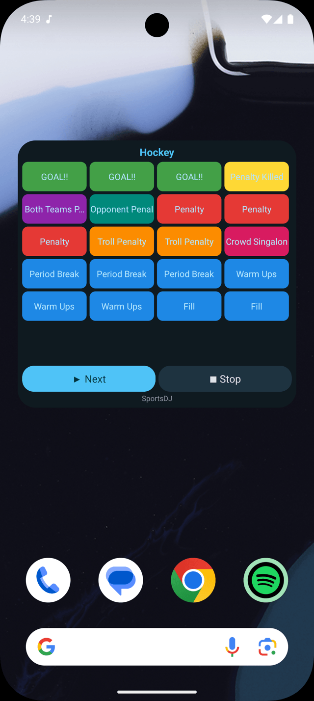 SportsDJ home screen widget showing sound grid